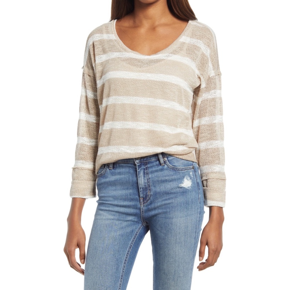 Treasure & Bond Lightweight Beige/White Striped Sweater Large